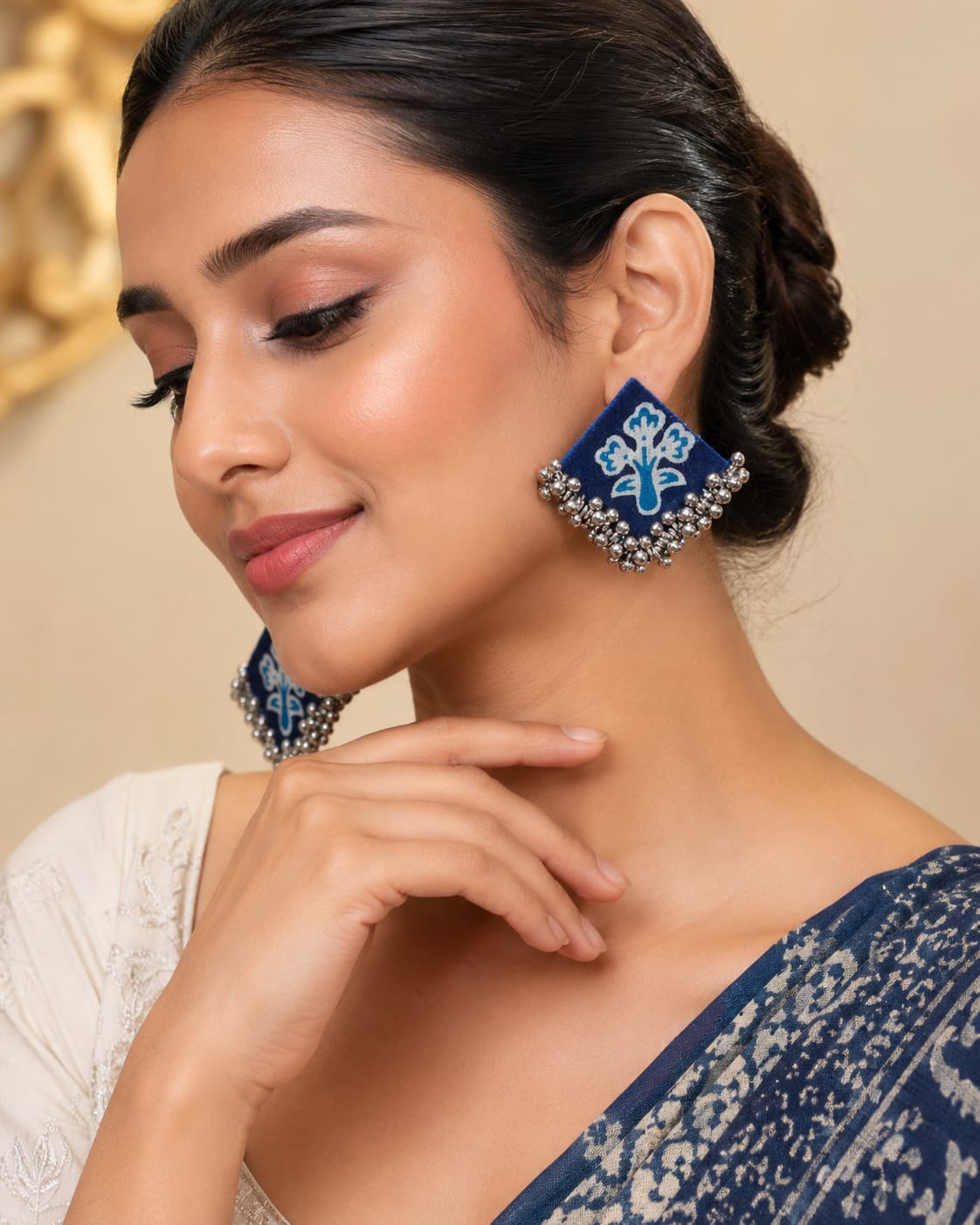 Indigo Fabric Ghungroo Earrings