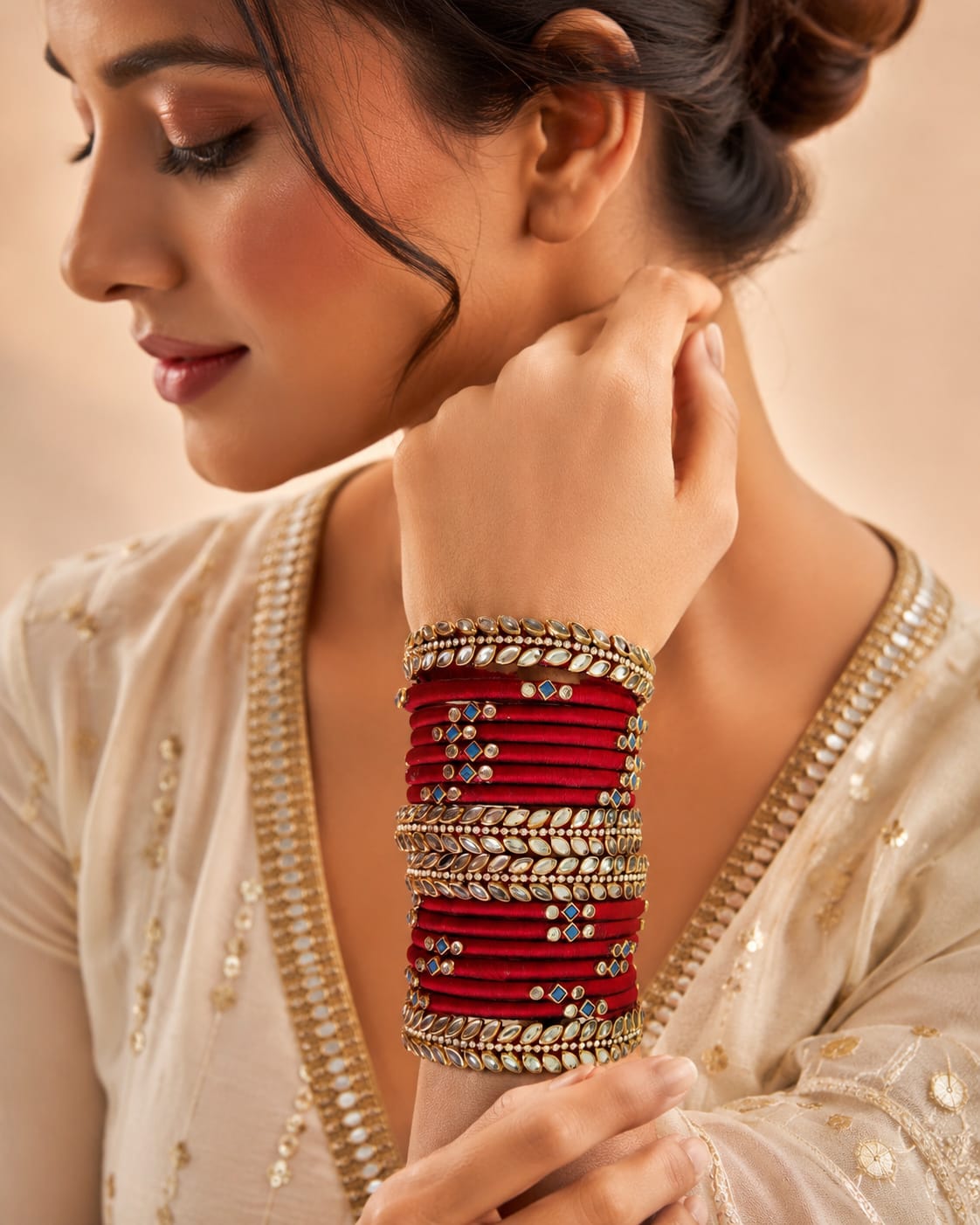 Maroon theard Kundan Bangle Set