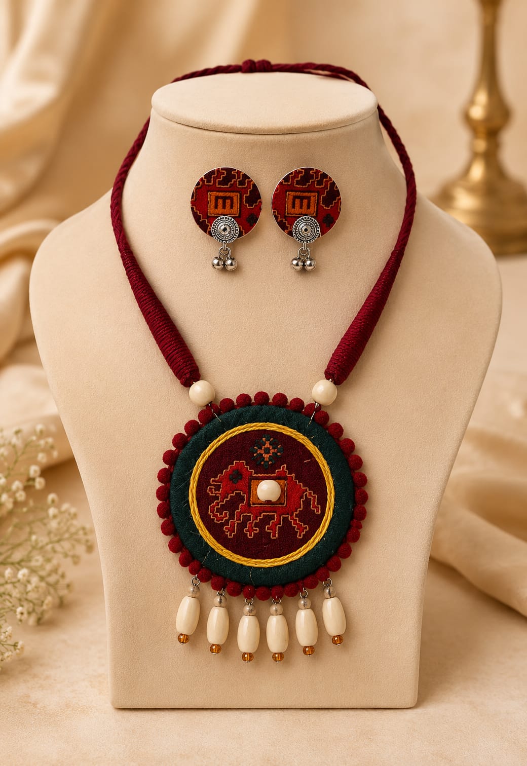maroon dark green fabric necklaec