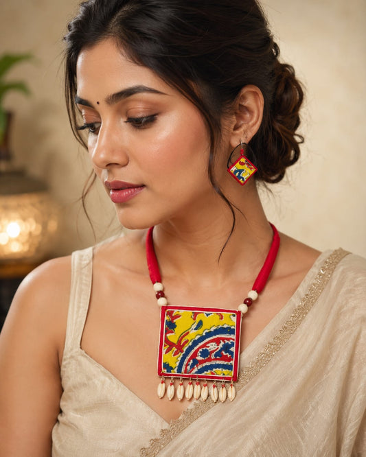 red yellow fabric necklace set